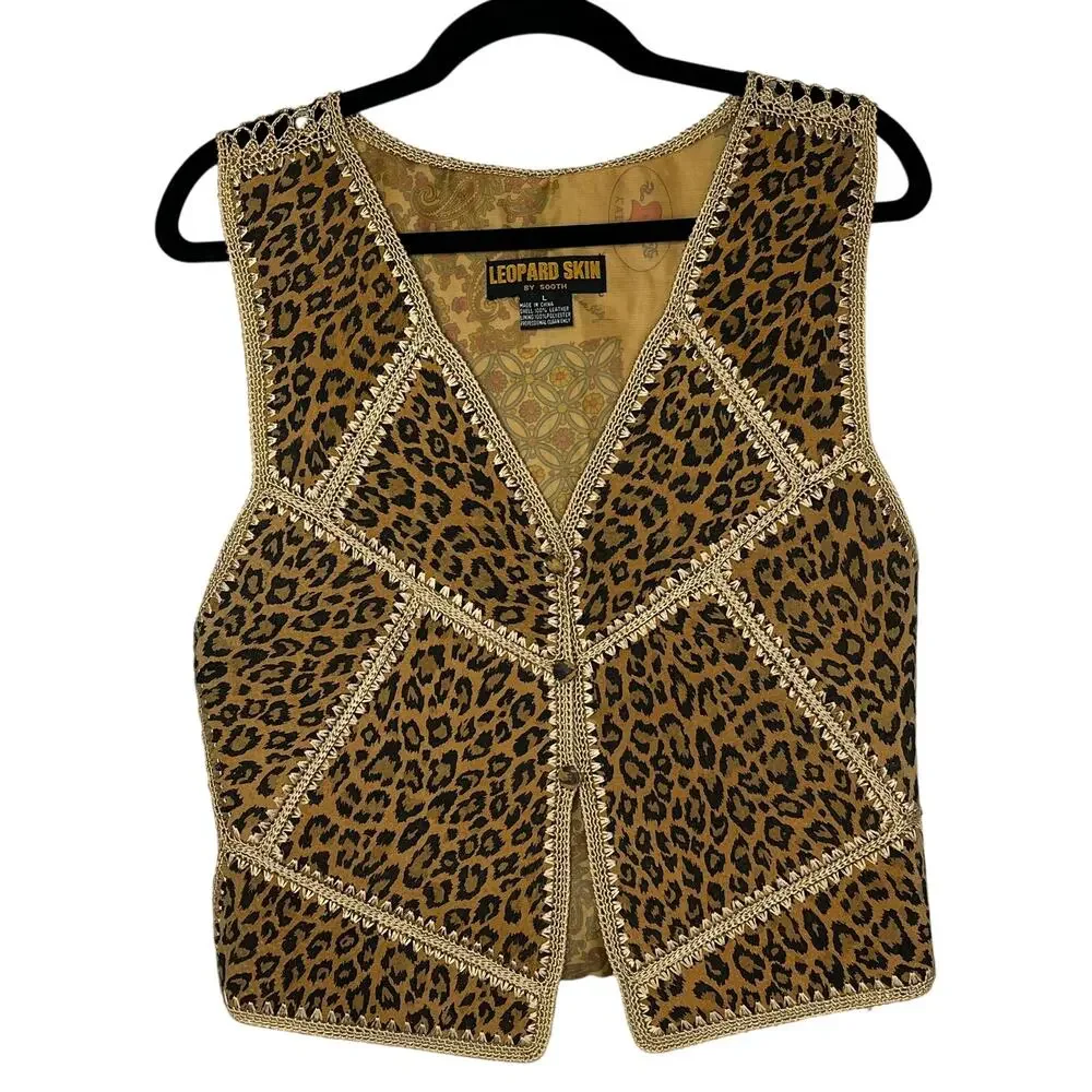 Leopard Skin by Sooth 90s Crotchet 100% Real Leather Vest Cheetah Print Vintage - Picture 1 of 8